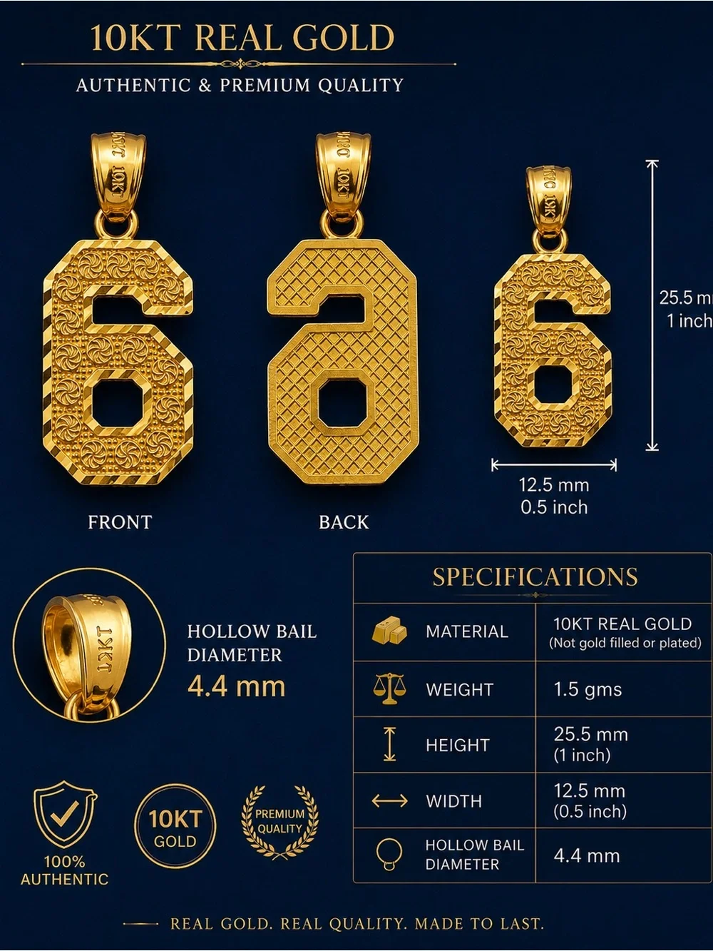 10KT Real Gold Number 6 Pendant - Gold